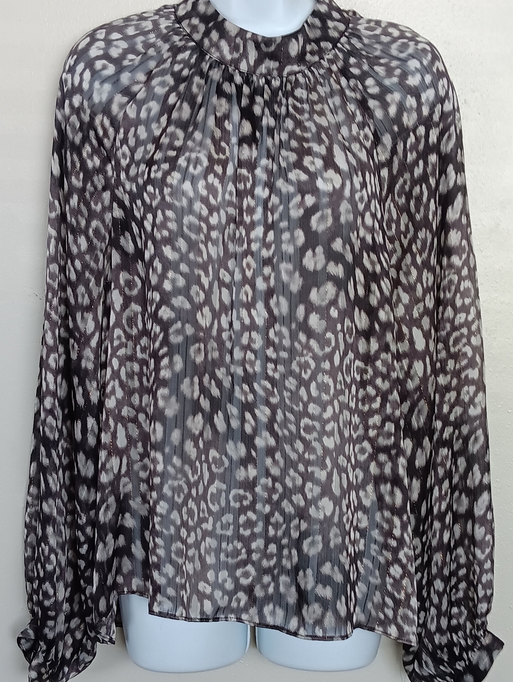 Worthington Semi Sheer Hi Neck  Animal Print Long Sleeve Blouse - Gray & Ivory L